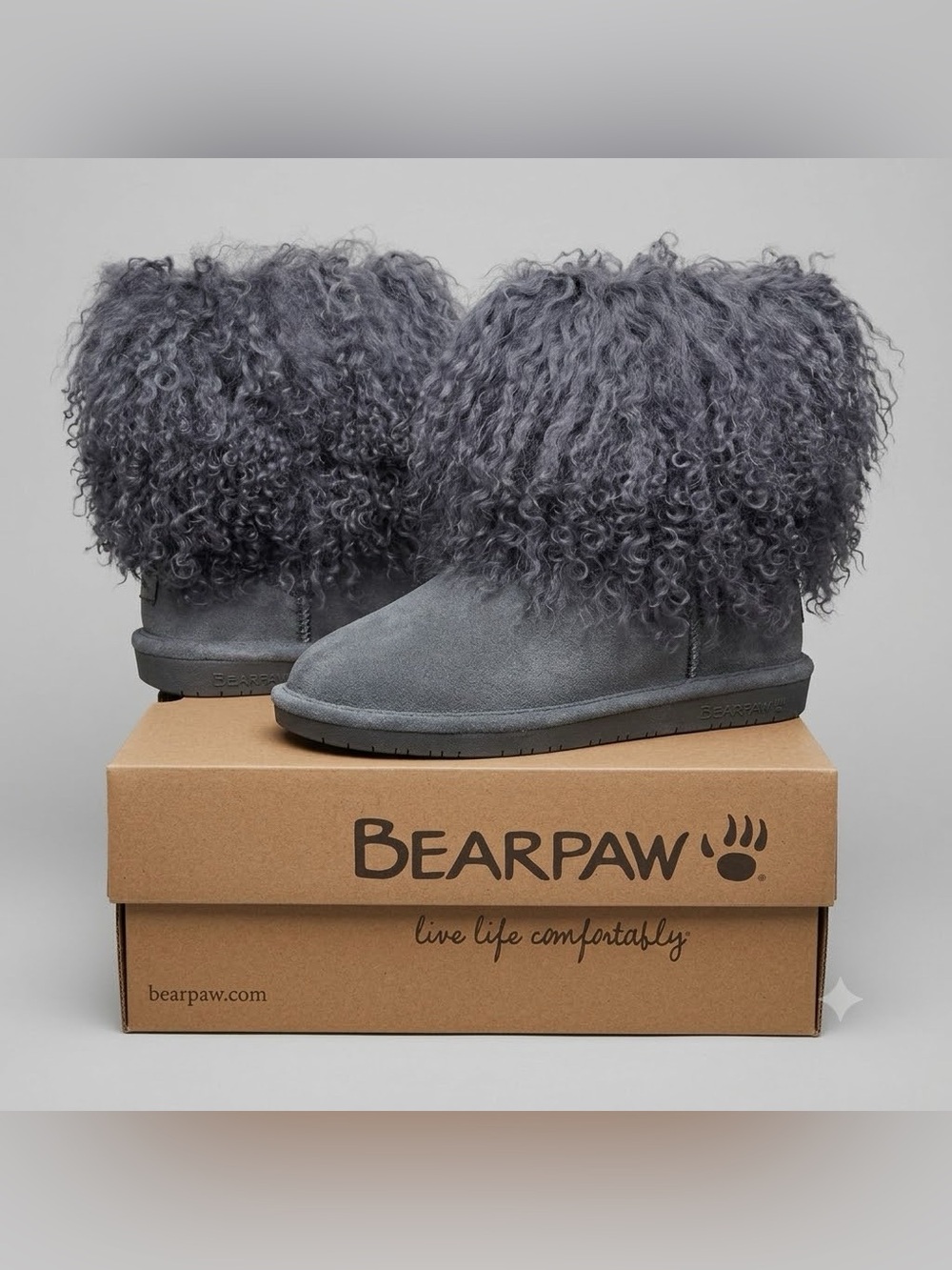 NEW in Box Mongolian Fur Charcoal Grey Sheepskin Suede Boots